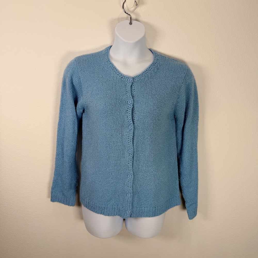 Vintage PBJ Sport Womens Blue Knit Cardigan Sweater Size L Flower Buttons
